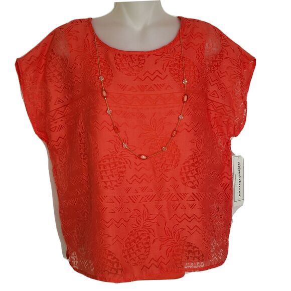 Alfred Dunner Womens Top Sz 8 Pineapple Print Sheer Overlay Short Sleeve Blouse - Picture 1 of 11
